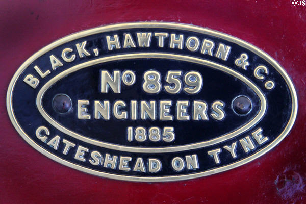Makers plaque (1885) identifying Black, Hawthorn & Co on Kettering Furnaces No 3 at Penrhyn Castle Rail Museum. Bangor, Wales.
