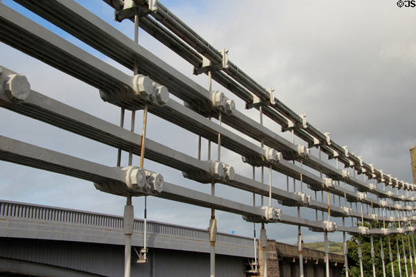 Bolted links supporting Telford suspension bridge. Conwy, Wales.