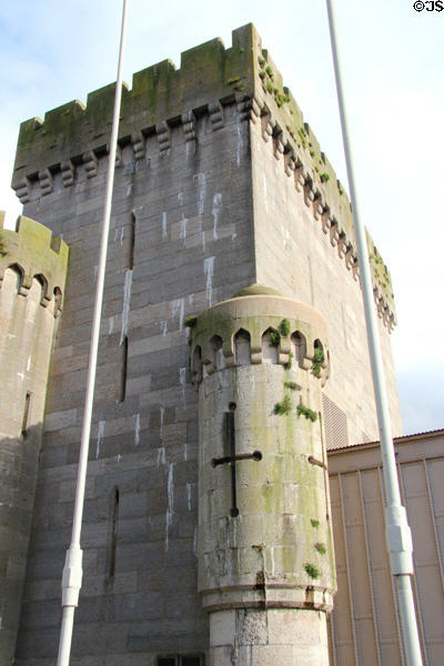 Tower of Robert Stephenson's tubular railway bridge (1846-48) built to improve transport links between England & Ireland & eliminate a hazardous crossing of Conwy River via ferry. Conwy, Wales.