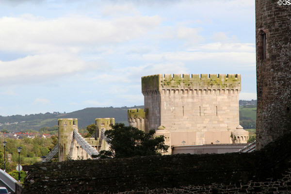 Telford suspension bridge & Stephenson's railway bridge viewed from Conwy Castle. Conwy, Wales.