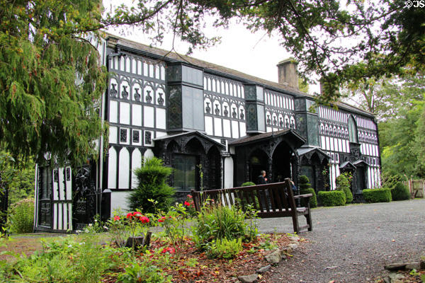 Front facade of Plas Newydd constructed to look like a timber-framed medieval house & decorated with carvings. Llangollen, Wales.