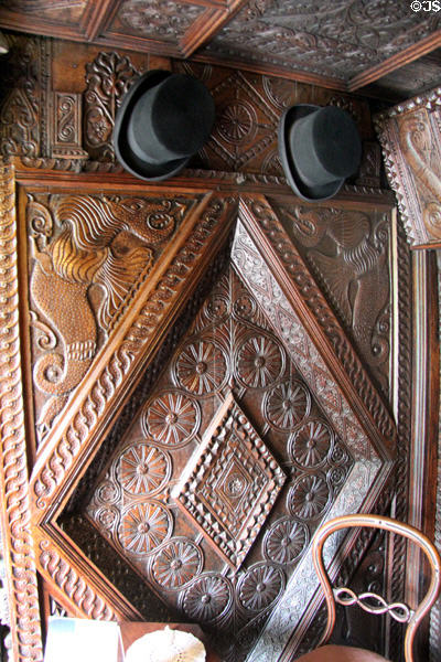 Carved wood panel covering wall at Plas Newydd. Llangollen, Wales.