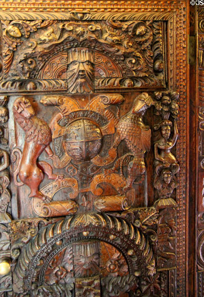Carved wood panel at Plas Newydd. Llangollen, Wales.