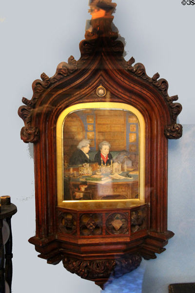 Watercolor portrait of Eleanor Butler & Sarah Posonby (1828) set in an elaborately carved oak frame surreptitiously created by their friend, Lady Mary Parker, at Plas Newydd. Llangollen, Wales.