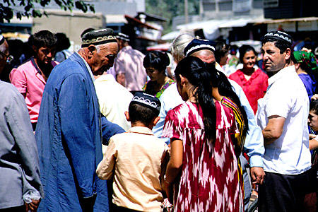 Traditional dress seen in Samarkand market. Uzbekistan.