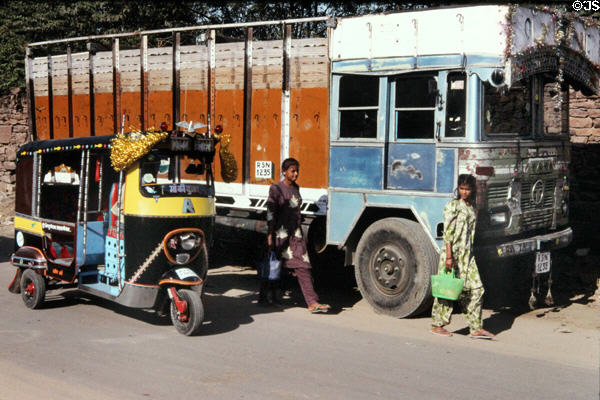 Transport truck & motorized trishaw near Jodhpur. India.