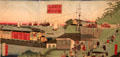 Tanakawa City, steam engine with telephone line & sailing ships ukiyo-e woodblock print by Shosai Ikkei at Art Gallery of Greater Victoria. Victoria, BC.
