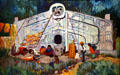 Painting of Northwest Coast native house front at Gold Harbour by Emily Carr at Vancouver Art Gallery. Vancouver, BC.