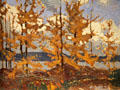 Tamaracks painting on board by Tom Thomson at McMichael Gallery. Kleinburg, ON.