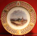 Porcelain dessert plate with scene Camp on Eagle River - Expecting the Crees by Minton of Stoke-on-Trent, England at Gardiner Museum. Toronto, ON.