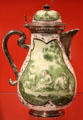 Meissen porcelain coffee pot later decorated & hallmarked in Augsburg by Auffenwerth silver workshop with overglaze Germanic scene in unusual green at Gardiner Museum. Toronto, ON.