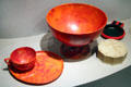 Plastic English picnic set , French powder box & ashtray from HMS Queen Mary at Royal Ontario Museum. Toronto, ON.