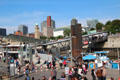 Modern architecture beyond clock tower at St Pauli Pier. Hamburg, Germany.