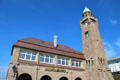 Stone clock tower at St Pauli Pier. Hamburg, Germany.