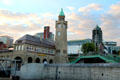 Sunset over clock tower at St Pauli Pier. Hamburg, Germany.