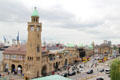 Heritage stone buildings of St Pauli Pier. Hamburg, Germany.