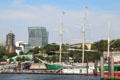 Hotel Hafen Hamburg tower & Tanzende Türme beyond museum ship Rickmer Rickmers. Hamburg, Germany.