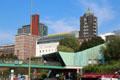 Walkways to St Pauli Pier with buildings on hill beyond. Hamburg, Germany.