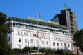 Hotel Hafen Hamburg with expansion tower on hill above St Pauli Pier. Hamburg, Germany.