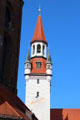 Sundial on Talburg Gate tower of Altes Rathaus. Munich, Germany.