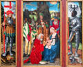 Wings of Three Kings altar with Bethlehem scene plus St George & St Mauritius painting by Hans Baldung Grien at Berlin Gemaldegalerie. Berlin, Germany.