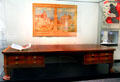 Desk from Hitler's office by Albert Speer under wall hanging featuring Berlin-Rome Axis at German Historical Museum. Berlin, Germany.