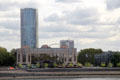 Modern buildings on shoreline along Rhine River. Köln, Germany.