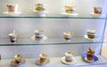 Collection of porcelain coffee cups in Biedermeier style painted with views of Germanic towns & harbors at Schleswig Holstein State Museum. Schleswig, Germany.