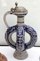 Stoneware covered cobalt blue painted doublering jug from Raeren at Bavarian National Museum. Munich, Germany