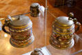 Stoneware humpens with tin lids painted with hunting scene at Coburg Castle. Coburg, Germany.