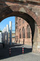 Frauentor gate with monastery building of Germanisches Nationalmuseum & Avenue of Human Rights sculptures. Nuremberg, Germany