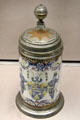 Faience tankard with pewter mounts from Dorotheental at Germanisches Nationalmuseum. Nuremberg, Germany.