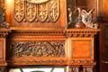 Fireplace carving details in dining room at Palau Güell. Barcelona, Spain.