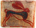 Baked terracotta plaque with hare design at Ceramics Museum of Barcelona. Barcelona, Spain.