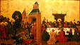 Painted panel of Christ's entry into Jerusalem & Last Supper by Gaspard Isenmann from the Altar of St Martin church of Colmar in Unterlinden Museum. Colmar, France.