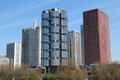 Tour Totem & red Hôtel Novotel surrounded by Grenelle area tower residences. Paris, France