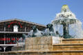 Fountain with lion statues before Grand Hall at Parc de la Villette. Paris, France.