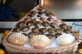 Basket of scallops & bivalve shellfish shop display. Paris, France