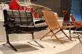 Fireside chair Joker by Olivier Mourgue of France; X-chair by Peter Hvidt & Orla Molgaard-Nielsen of Denmark; & Tripod PK9 by Poul Kjaerholm of Denmark at Museum of Decorative Arts. Paris, France.