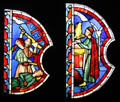 Murder scene & worship of golden calf stained glass windows from Sainte-Chapelle in Paris at Cluny Museum. Paris, France.