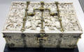 Ivory box with copper handle carved with Castle assault plus scenes of romance from Paris at Cluny Museum. Paris, France.