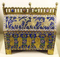 Enameled copper reliquary with scenes of Adoration of Magi from Limoges at Cluny Museum. Paris, France.