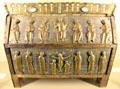 Enameled copper reliquary with scenes of St Fausta from Limoges at Cluny Museum. Paris, France.