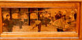Inlaid scene of glass furnaces on Émile Gallé display case at Arts et Metiers Museum. Paris, France.