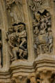 Souls tortured & boiled over fires of hell on Last Judgment carving of Amiens Cathedral. Amiens, France.