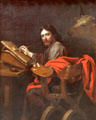 Evangelist Luke with bull making portrait of Virgin painting by Nicolo Renieri of Venice at Rouen Museum of Fine Arts. Rouen, France.