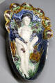 French glazed earth oval gondola bowl with female figure in style of Bernard Palissy at Rouen Ceramic Museum. Rouen, France.