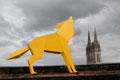 Modern style sculpted wolf atop wall at Angers Chateau. Angers, France.