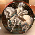 Archbishop Turpin, warrior-bishop from Song of Roland, , enamel paint on copper by Colin Noualhier from Limoges at Angers Fine Arts Museum. Angers, France.