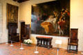 Death of Leonardo da Vinci painting by François-Guillaume Ménageot over Henri II style table & Renaissance chairs in King's bedchamber in Royal Lodge at Chateau Royal of Amboise. Amboise, France.